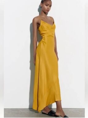 Zara Midi Satin Effect Slip Dress Summer Assymetrical Mustard Yellow Gold XS